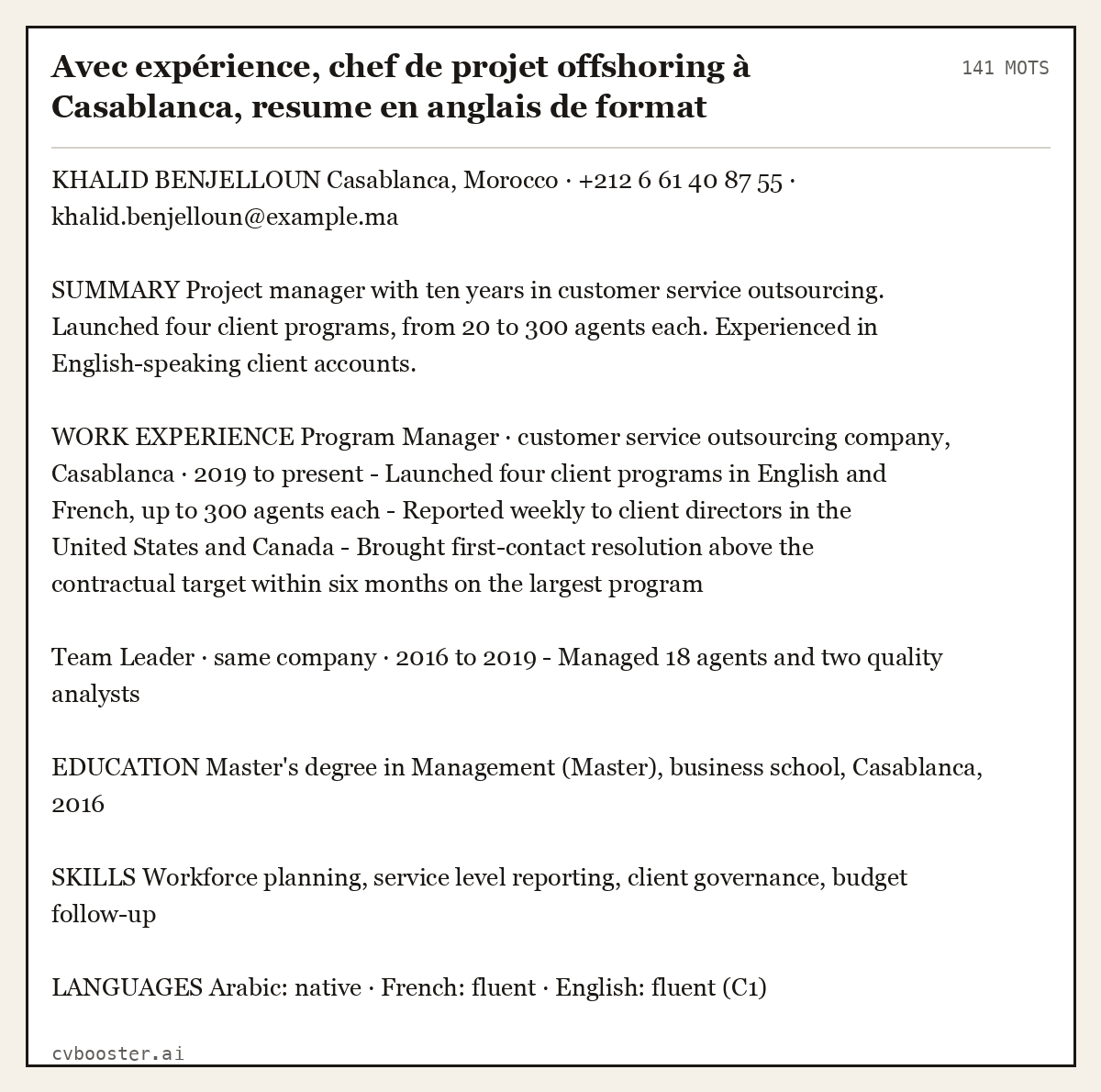 Exemple complet: Avec expérience, chef de projet offshoring à Casablanca, resume en anglais de format américain, 141 mots