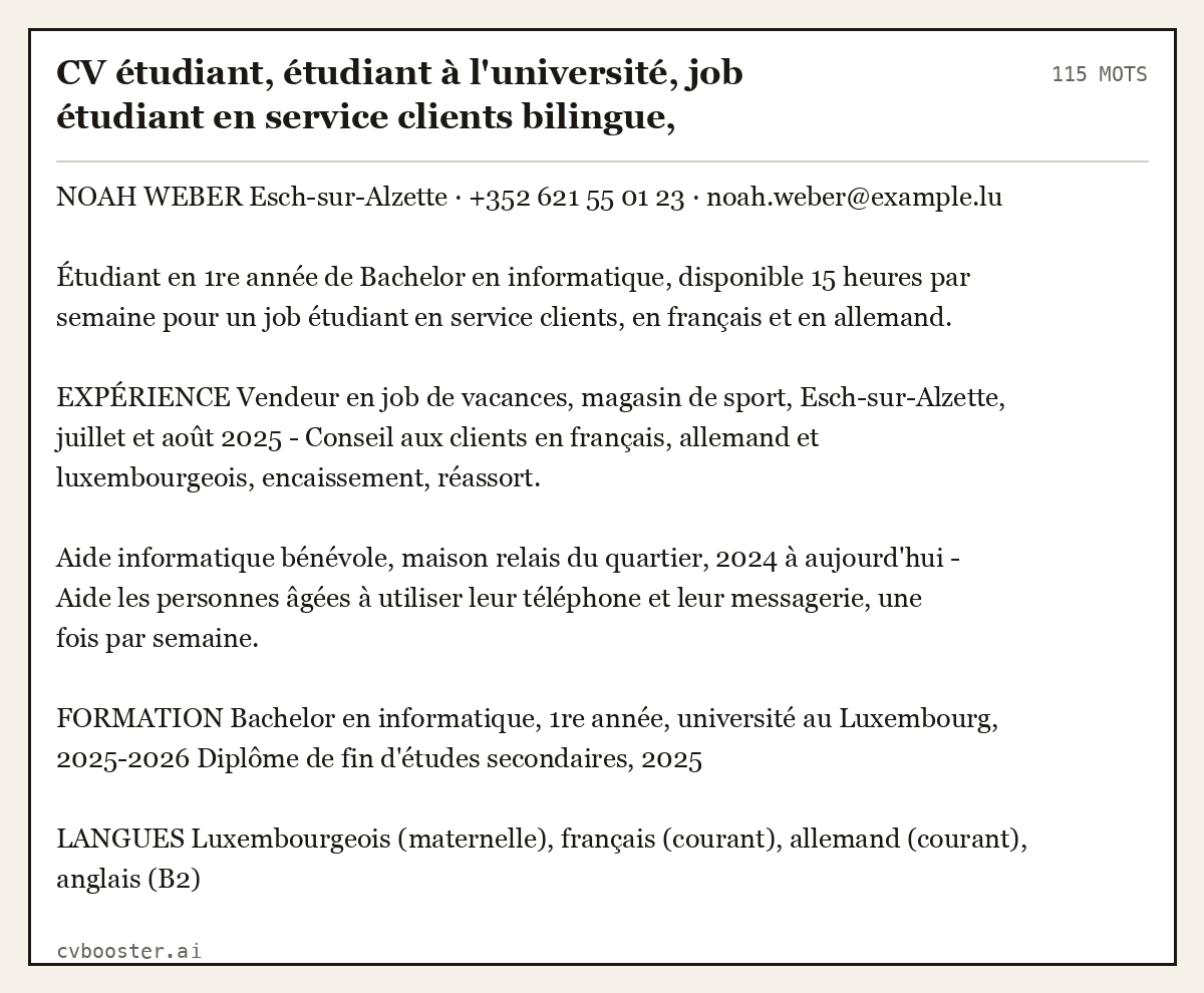 Exemple complet: CV étudiant, étudiant à l'université, job étudiant en service clients bilingue, Luxembourg, 115 mots