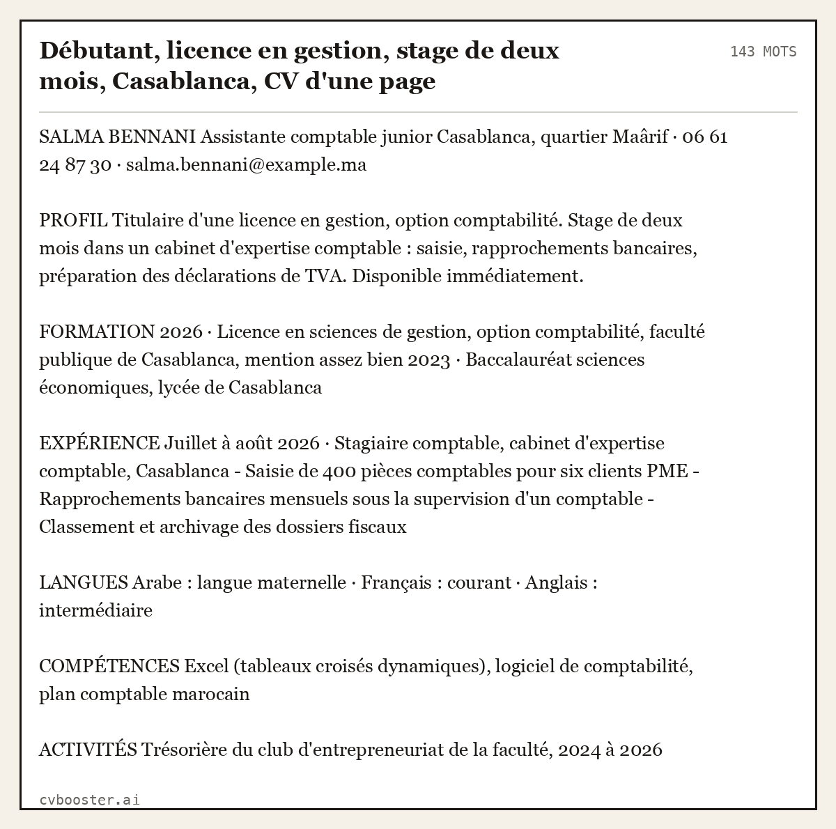 Exemple complet: Débutant, licence en gestion, stage de deux mois, Casablanca, CV d'une page, 143 mots