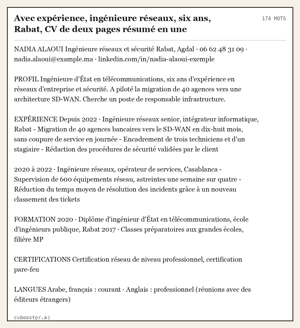 Exemple complet: Avec expérience, ingénieure réseaux, six ans, Rabat, CV de deux pages résumé en une, 174 mots