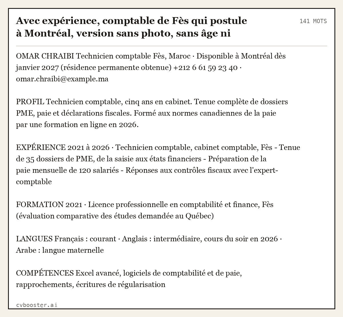 Exemple complet: Avec expérience, comptable de Fès qui postule à Montréal, version sans photo, sans âge ni état civil, 141 mots
