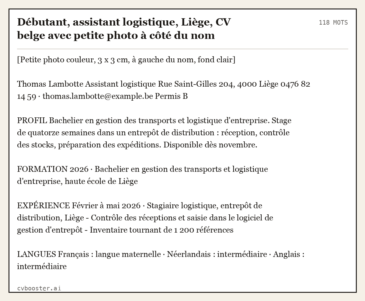 Exemple complet: Débutant, assistant logistique, Liège, CV belge avec petite photo à côté du nom, 118 mots