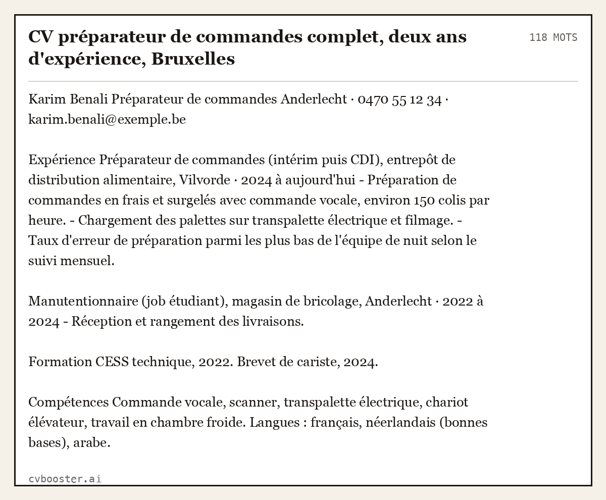Exemple complet: CV préparateur de commandes complet, deux ans d'expérience, Bruxelles, 118 mots