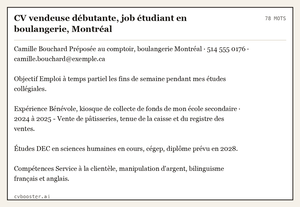 Exemple complet: CV vendeuse débutante, job étudiant en boulangerie, Montréal, 78 mots