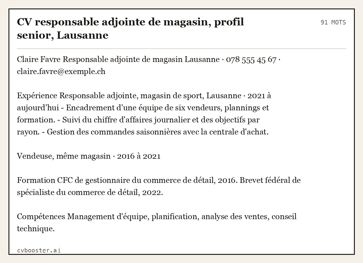 Exemple complet: CV responsable adjointe de magasin, profil senior, Lausanne, 91 mots