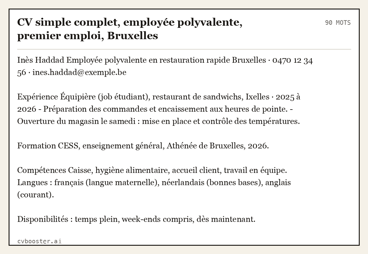 Exemple complet: CV simple complet, employée polyvalente, premier emploi, Bruxelles, 90 mots