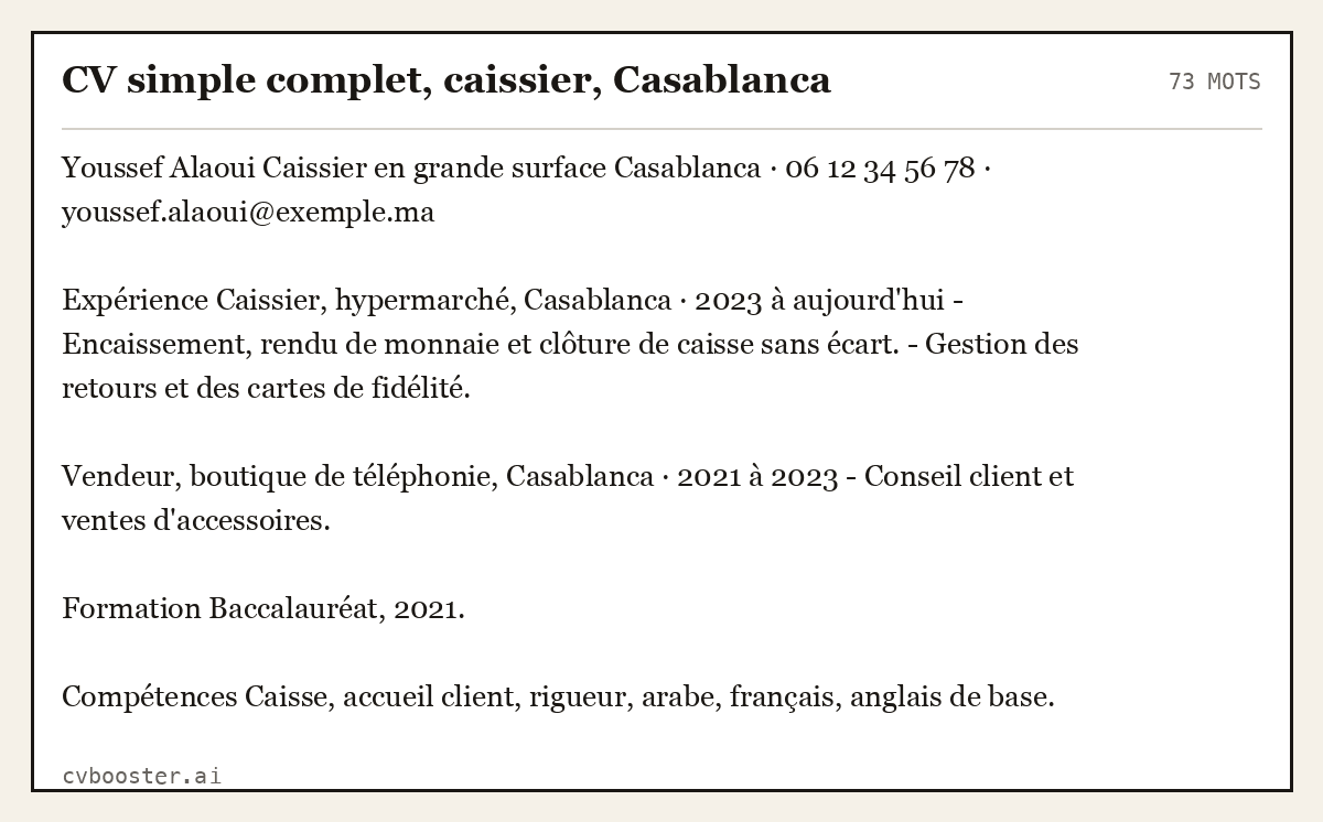 Exemple complet: CV simple complet, caissier, Casablanca, 73 mots