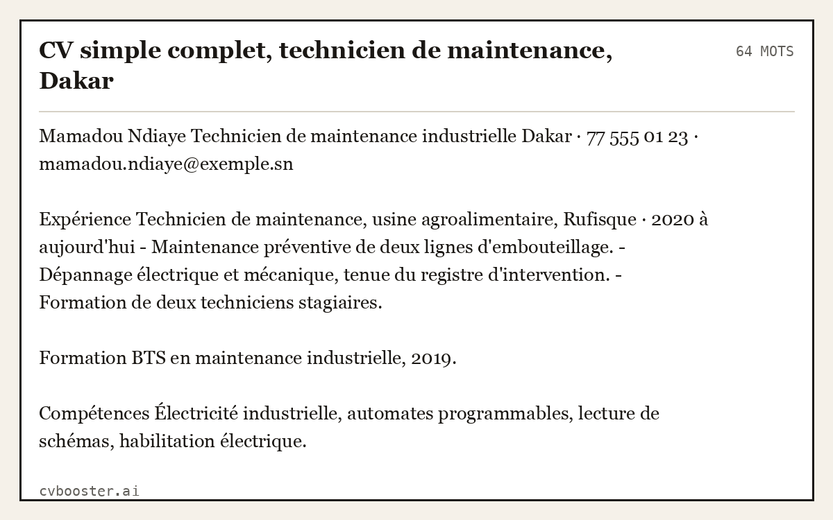 Exemple complet: CV simple complet, technicien de maintenance, Dakar, 64 mots
