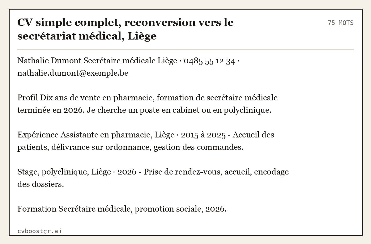 Exemple complet: CV simple complet, reconversion vers le secrétariat médical, Liège, 75 mots
