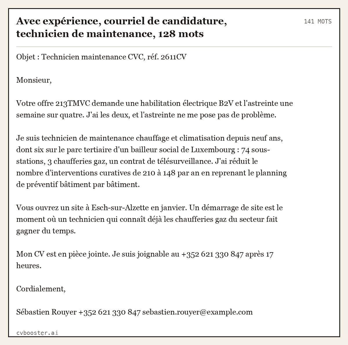 Exemple complet: Avec expérience, courriel de candidature, technicien de maintenance, 141 mots