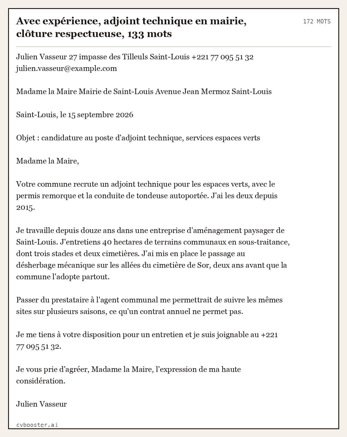 Exemple complet: Avec expérience, adjoint technique en mairie, clôture respectueuse, 133 mots, 172 mots