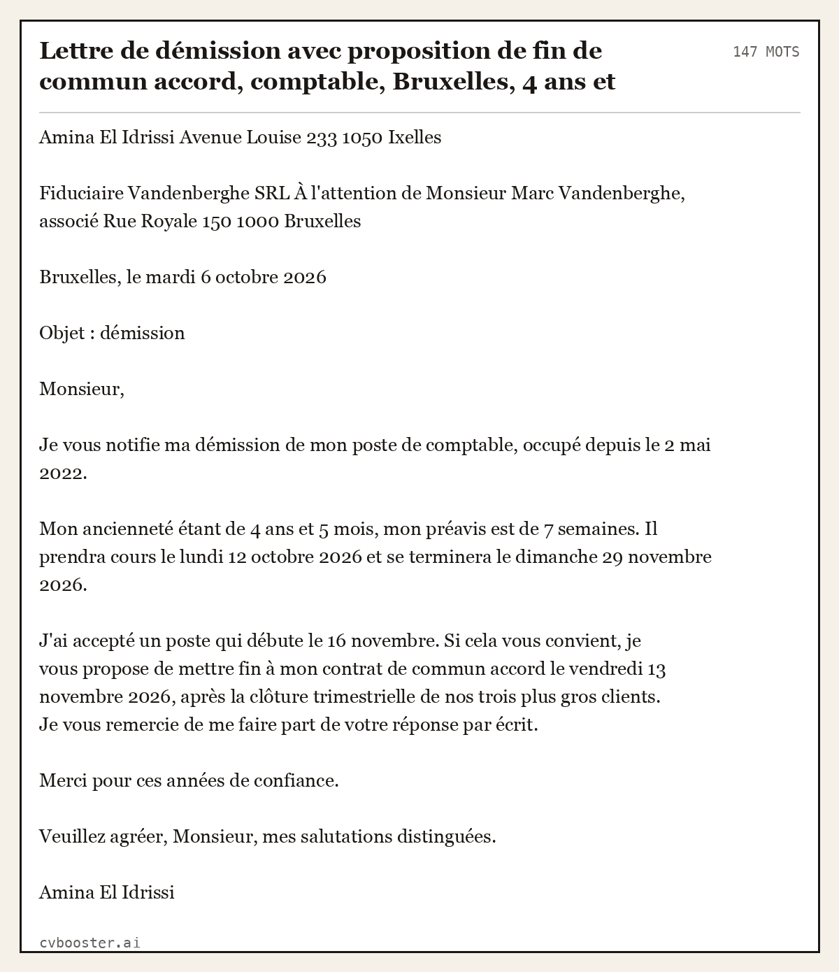 Exemple complet: Lettre de démission avec proposition de fin de commun accord, comptable, Bruxelles, 4 ans et demi d'ancienneté, 147 mots