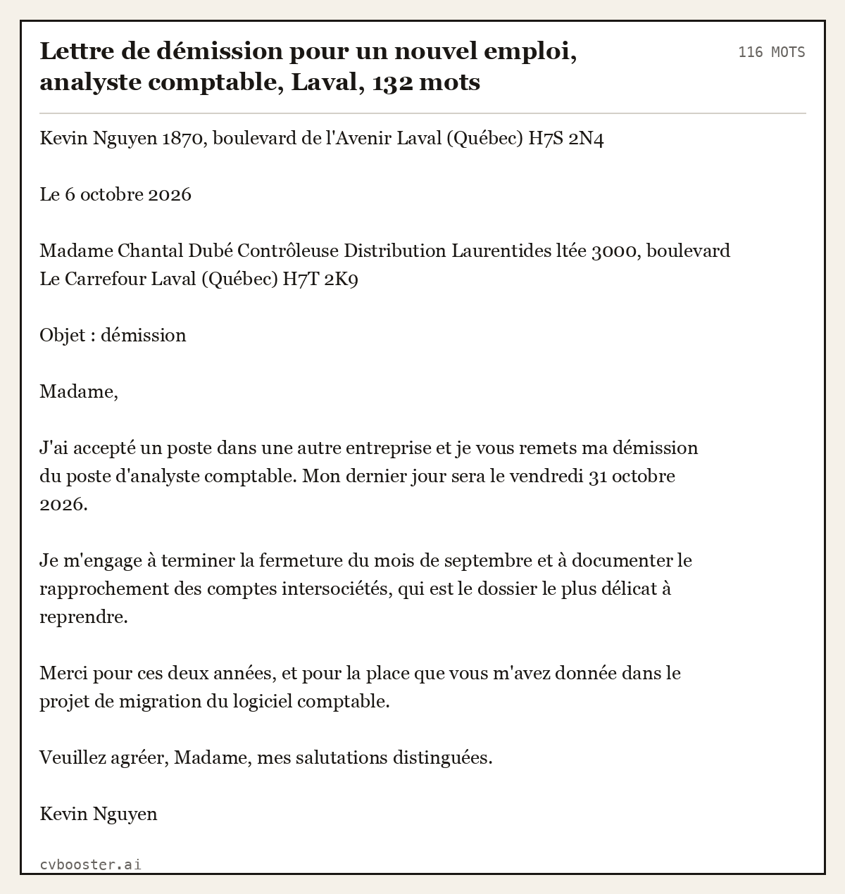 Exemple complet: Lettre de démission pour un nouvel emploi, analyste comptable, Laval, 116 mots