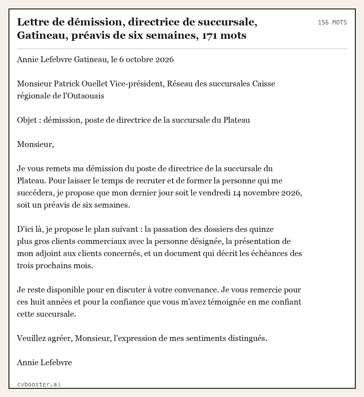 Exemple complet: Lettre de démission, directrice de succursale, Gatineau, préavis de six semaines, 156 mots