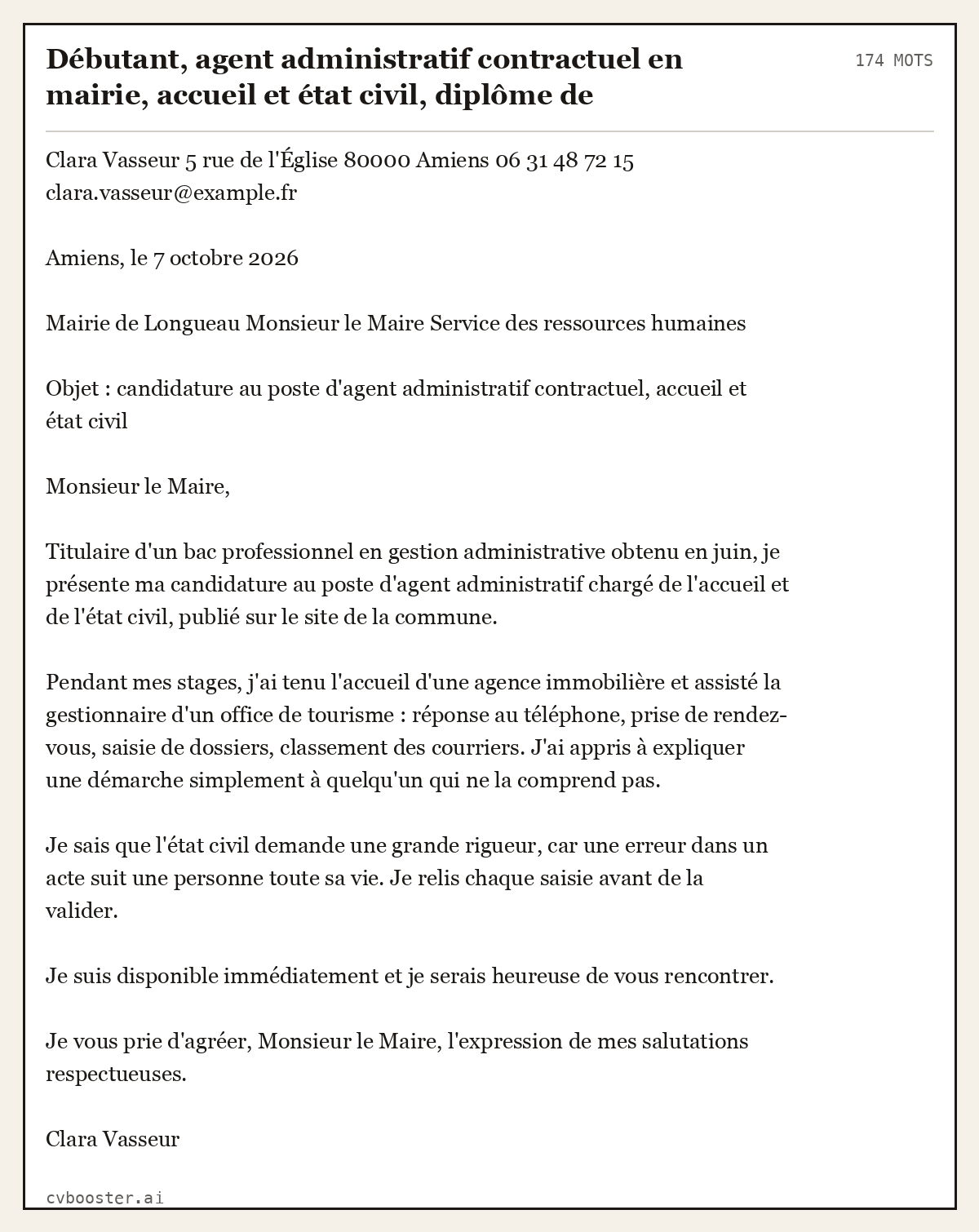 Exemple complet: Débutant, agent administratif contractuel en mairie, accueil et état civil, diplôme de secrétariat récent, 174 mots