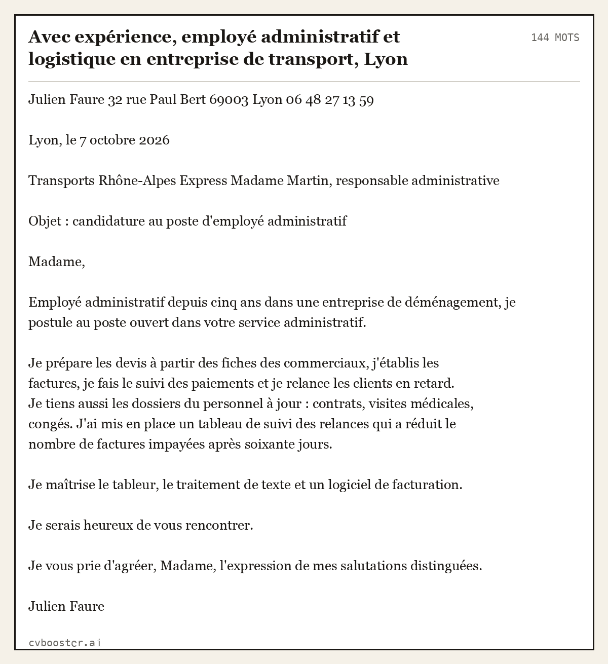Exemple complet: Avec expérience, employé administratif et logistique en entreprise de transport, Lyon, 144 mots