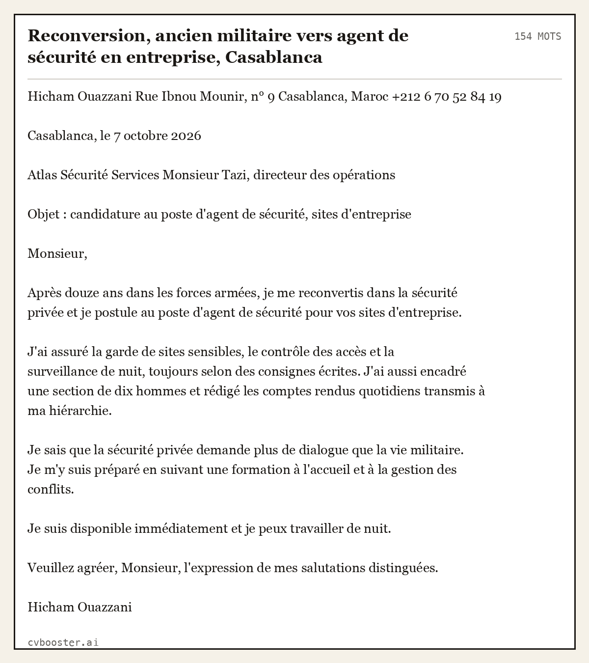 Exemple complet: Reconversion, ancien militaire vers agent de sécurité en entreprise, Casablanca, 154 mots
