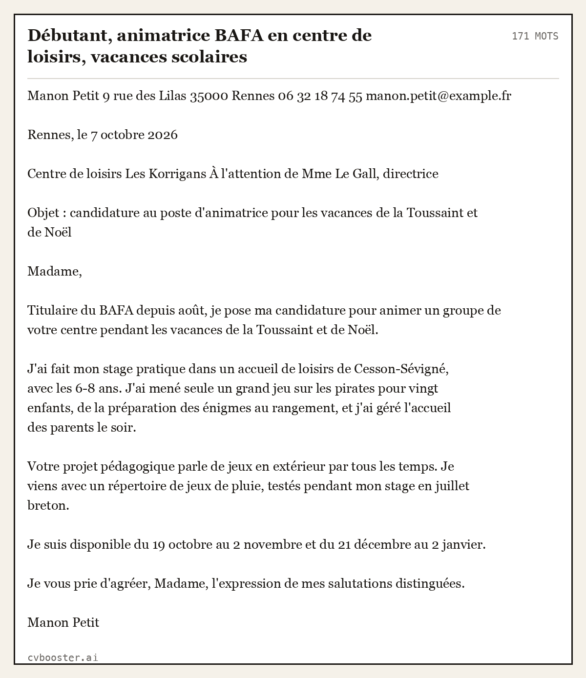 Exemple complet: Débutant, animatrice BAFA en centre de loisirs, vacances scolaires, 171 mots