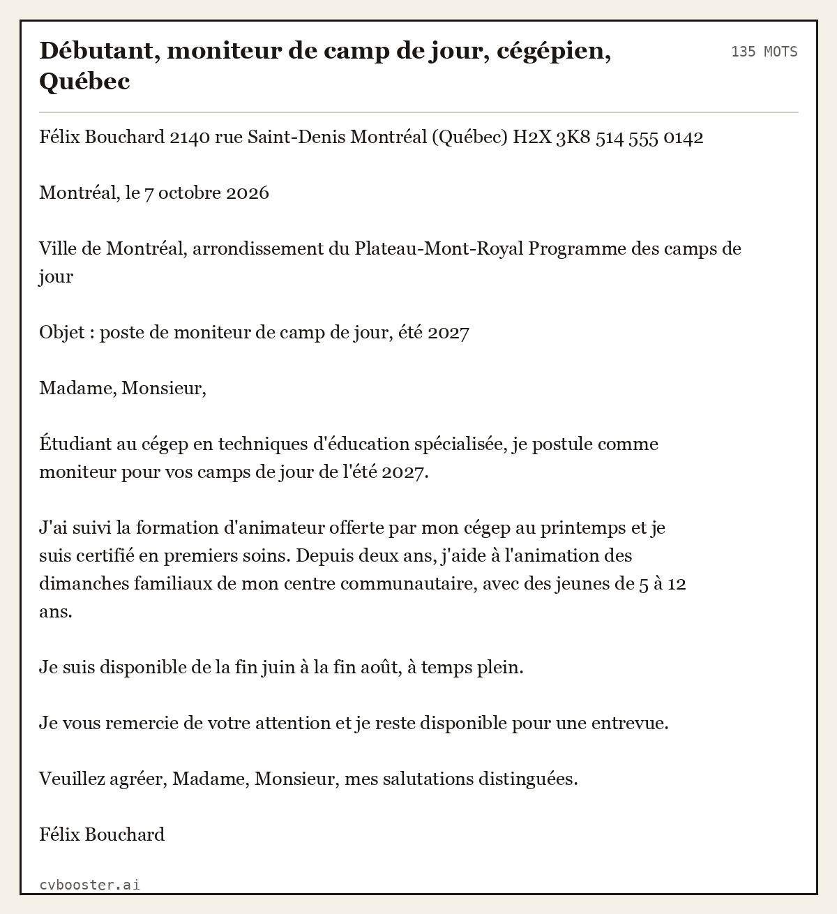 Exemple complet: Débutant, moniteur de camp de jour, cégépien, Québec, 135 mots