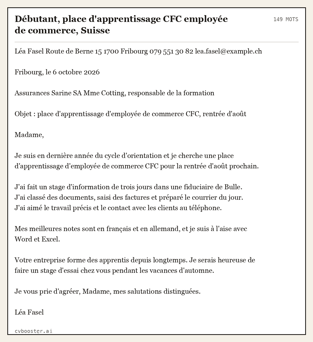 Exemple complet: Débutant, place d'apprentissage CFC employée de commerce, Suisse, 149 mots