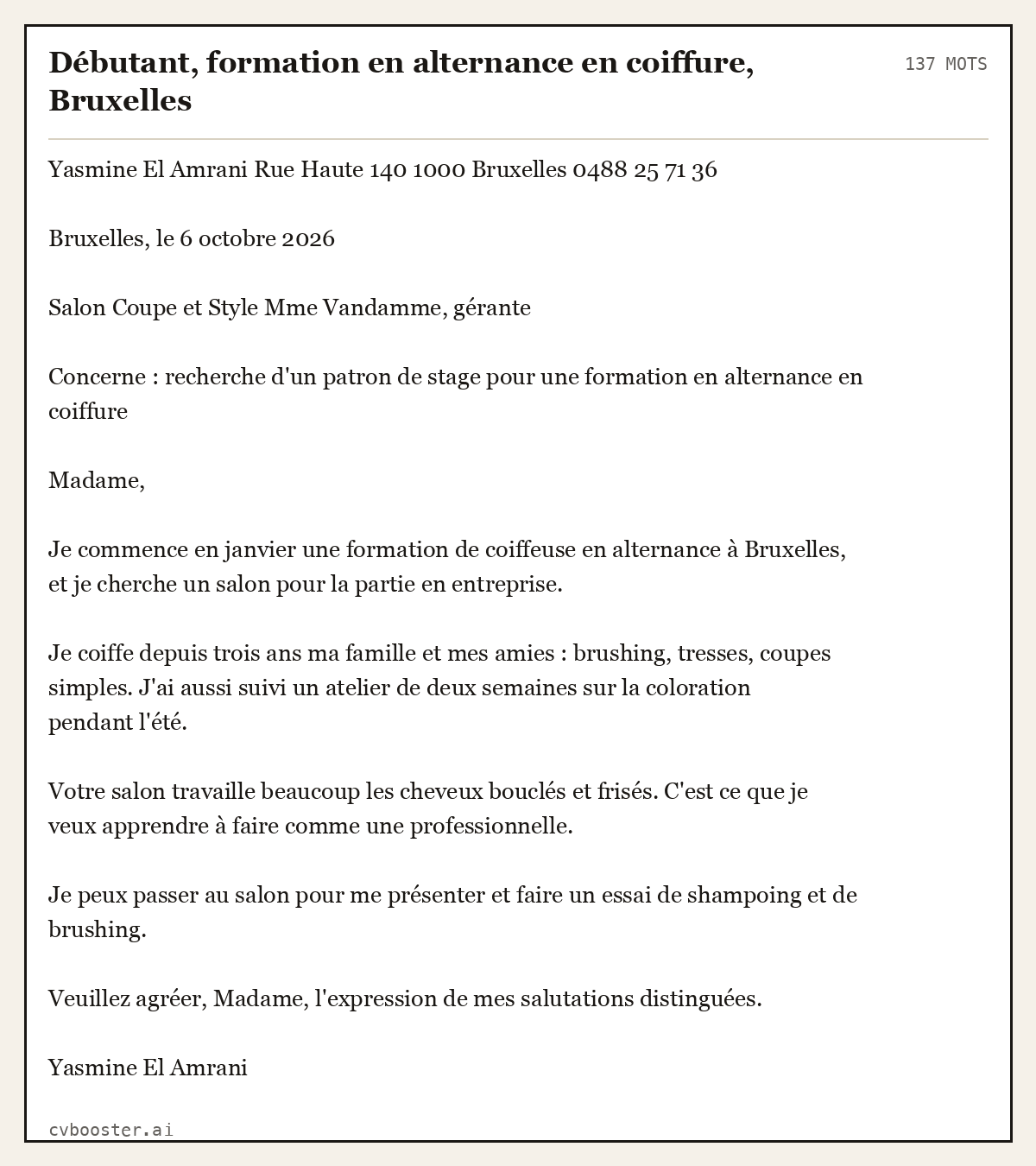 Exemple complet: Débutant, formation en alternance en coiffure, Bruxelles, 137 mots
