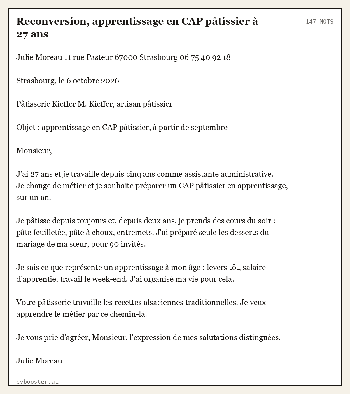 Exemple complet: Reconversion, apprentissage en CAP pâtissier à 27 ans, 147 mots