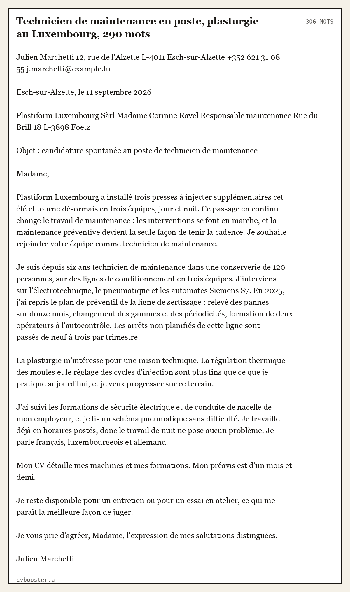 Exemple complet: Technicien de maintenance en poste, plasturgie au Luxembourg, 290 mots, 306 mots