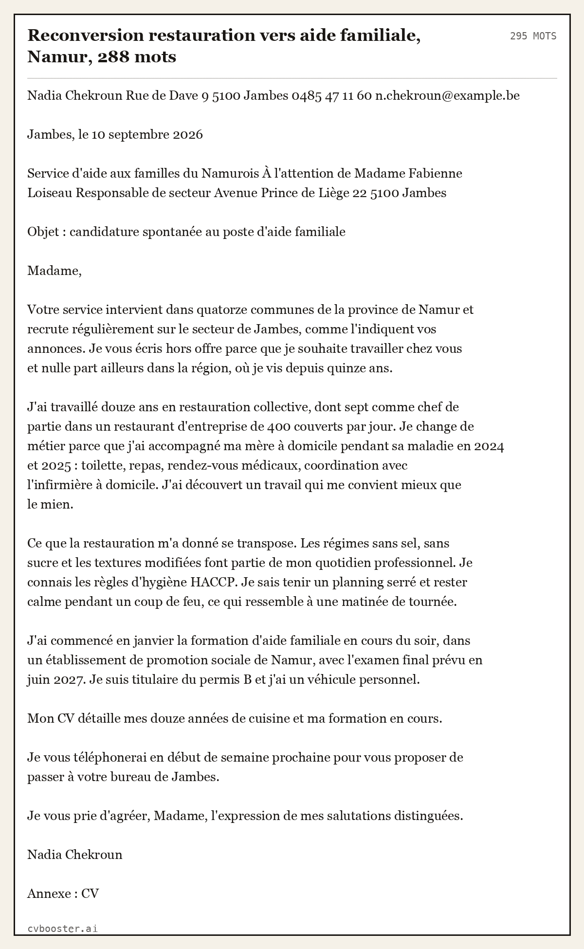 Exemple complet: Reconversion restauration vers aide familiale, Namur, 288 mots, 295 mots