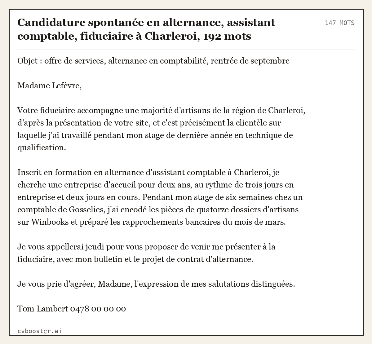 Exemple complet: Candidature spontanée en alternance, assistant comptable, fiduciaire à Charleroi, 192 mots, 147 mots