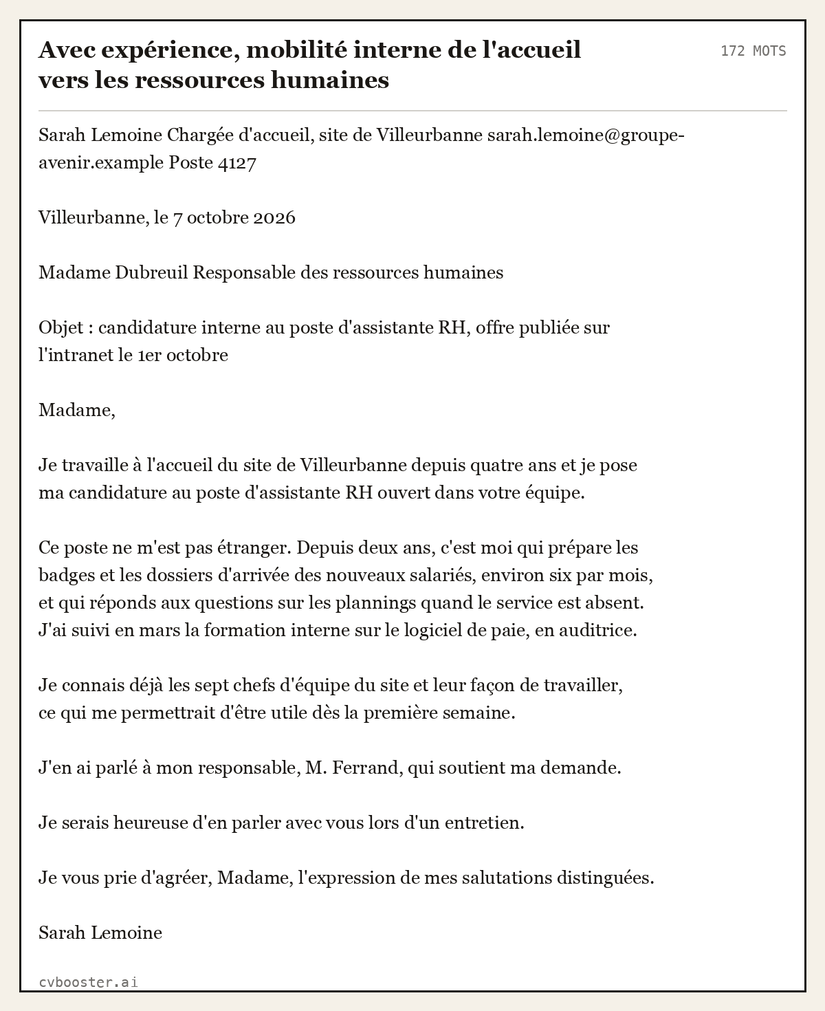 Exemple complet: Avec expérience, mobilité interne de l'accueil vers les ressources humaines, 172 mots