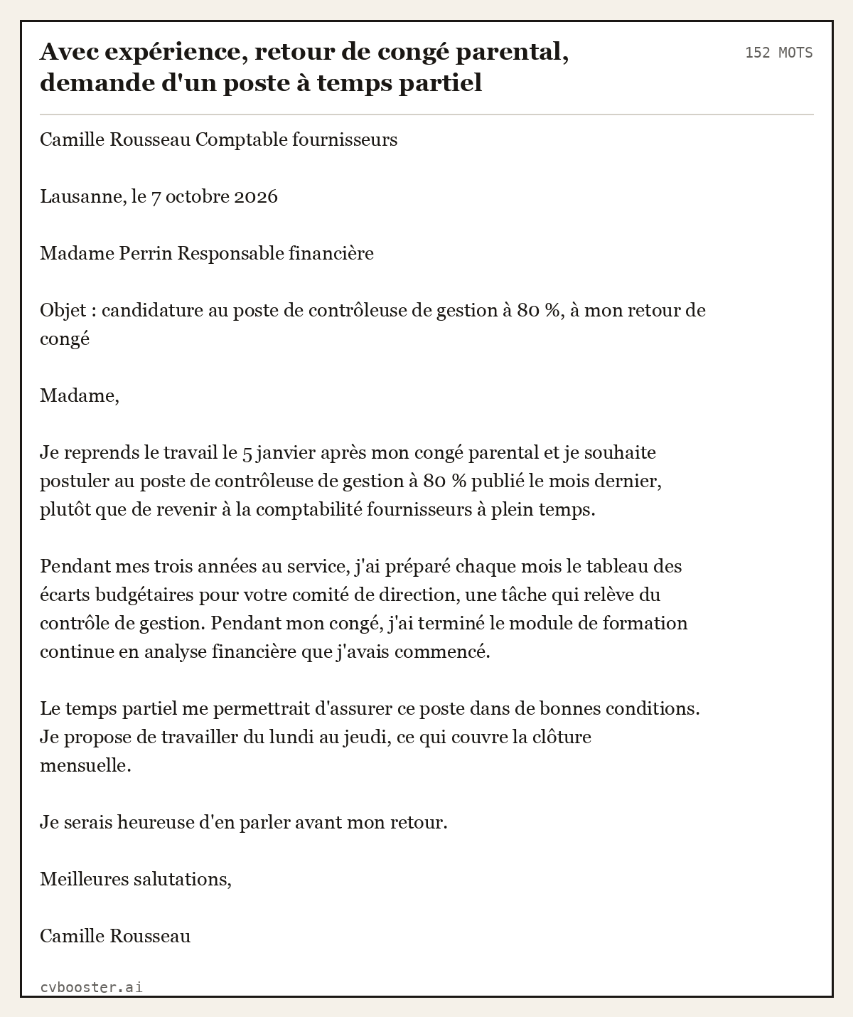 Exemple complet: Avec expérience, retour de congé parental, demande d'un poste à temps partiel, 152 mots