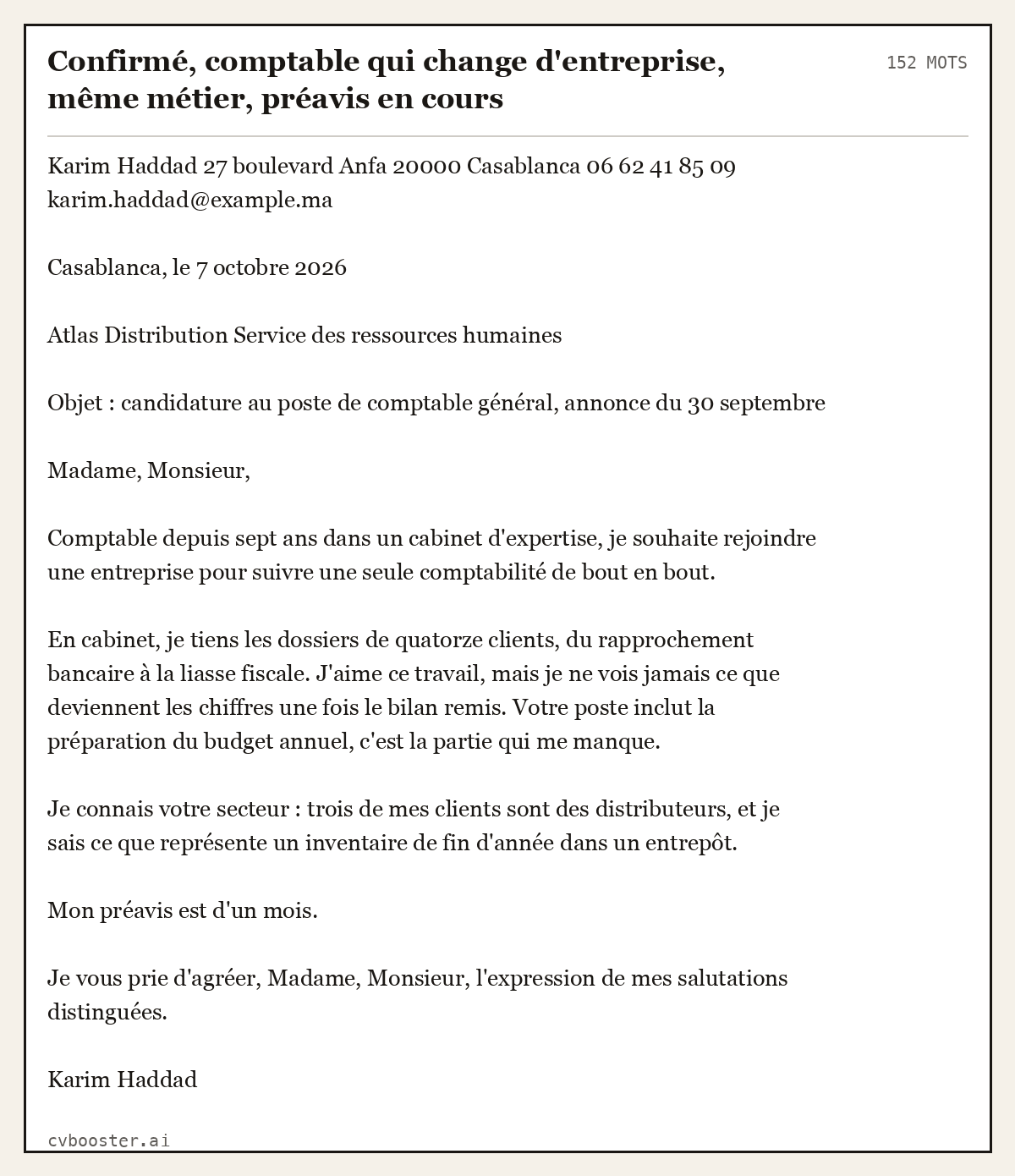 Exemple complet: Confirmé, comptable qui change d'entreprise, même métier, préavis en cours, 152 mots