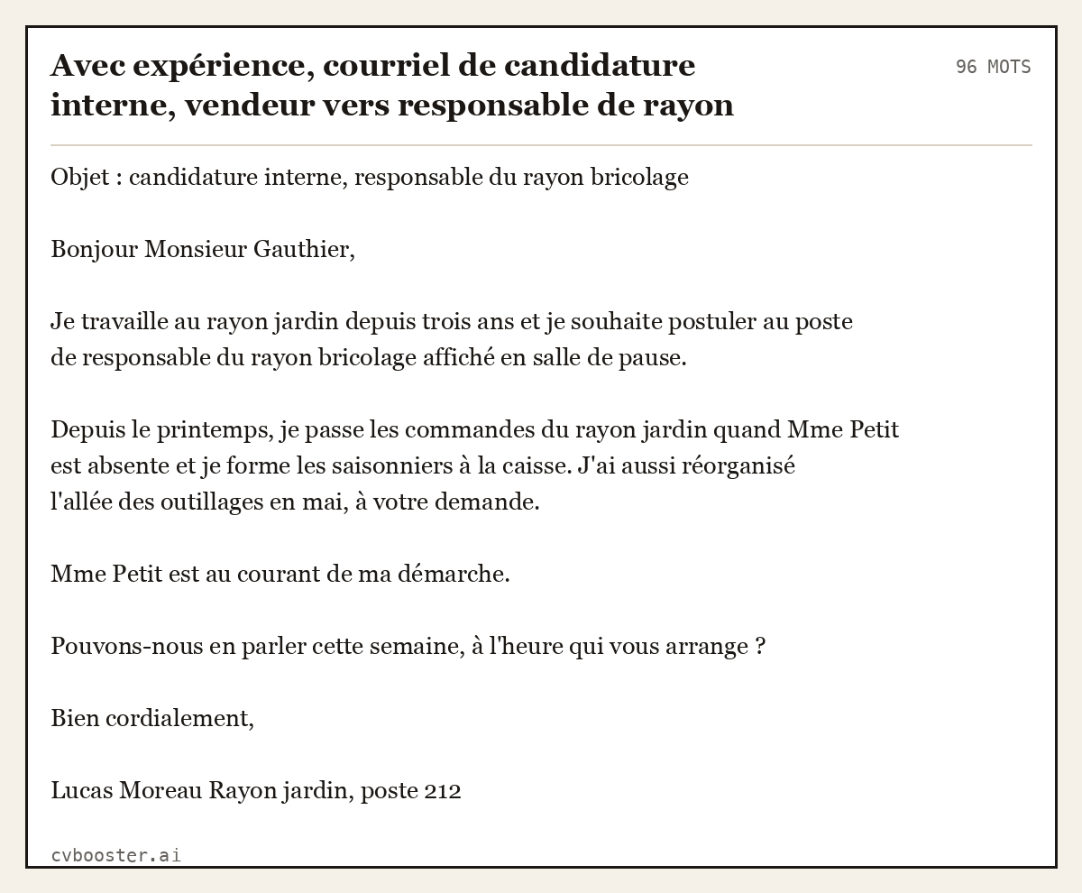 Exemple complet: Avec expérience, courriel de candidature interne, vendeur vers responsable de rayon, 96 mots