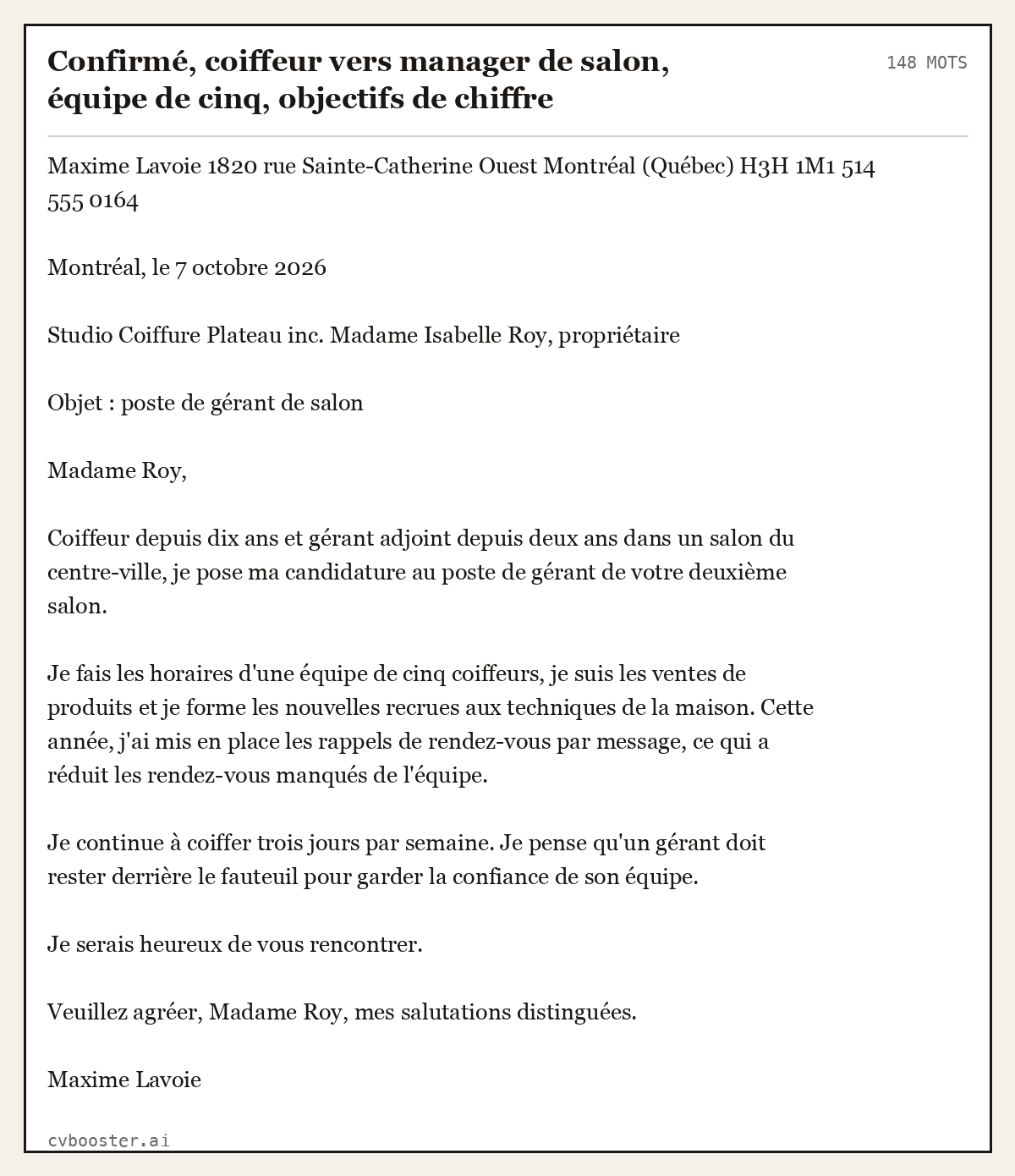 Exemple complet: Confirmé, coiffeur vers manager de salon, équipe de cinq, objectifs de chiffre d'affaires, Montréal, 148 mots