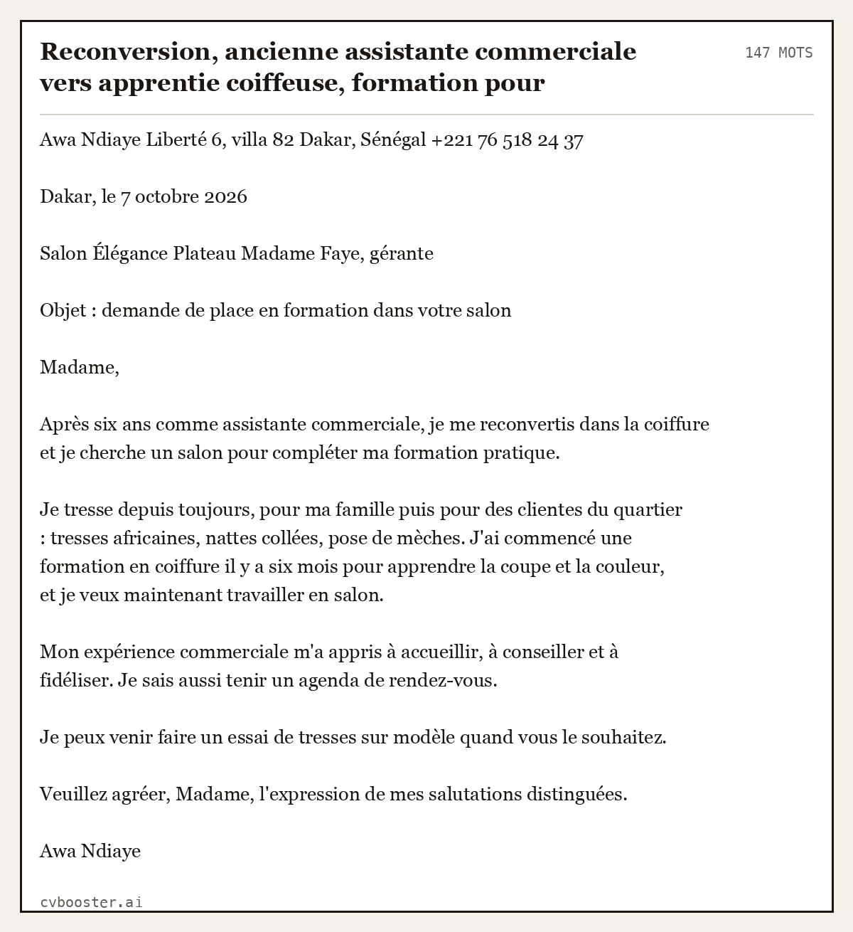 Exemple complet: Reconversion, ancienne assistante commerciale vers apprentie coiffeuse, formation pour adultes, Dakar, 147 mots