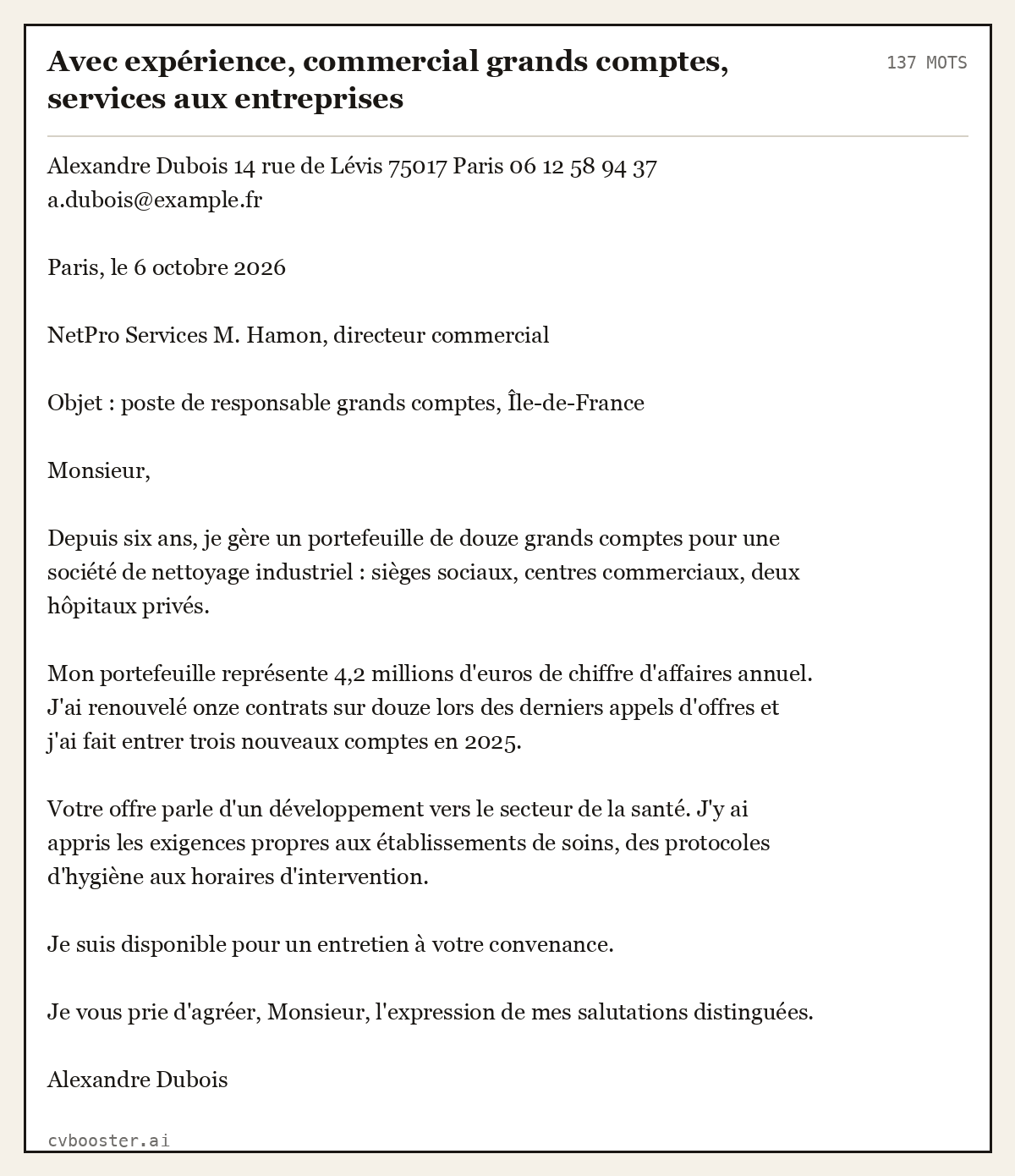 Exemple complet: Avec expérience, commercial grands comptes, services aux entreprises, 137 mots