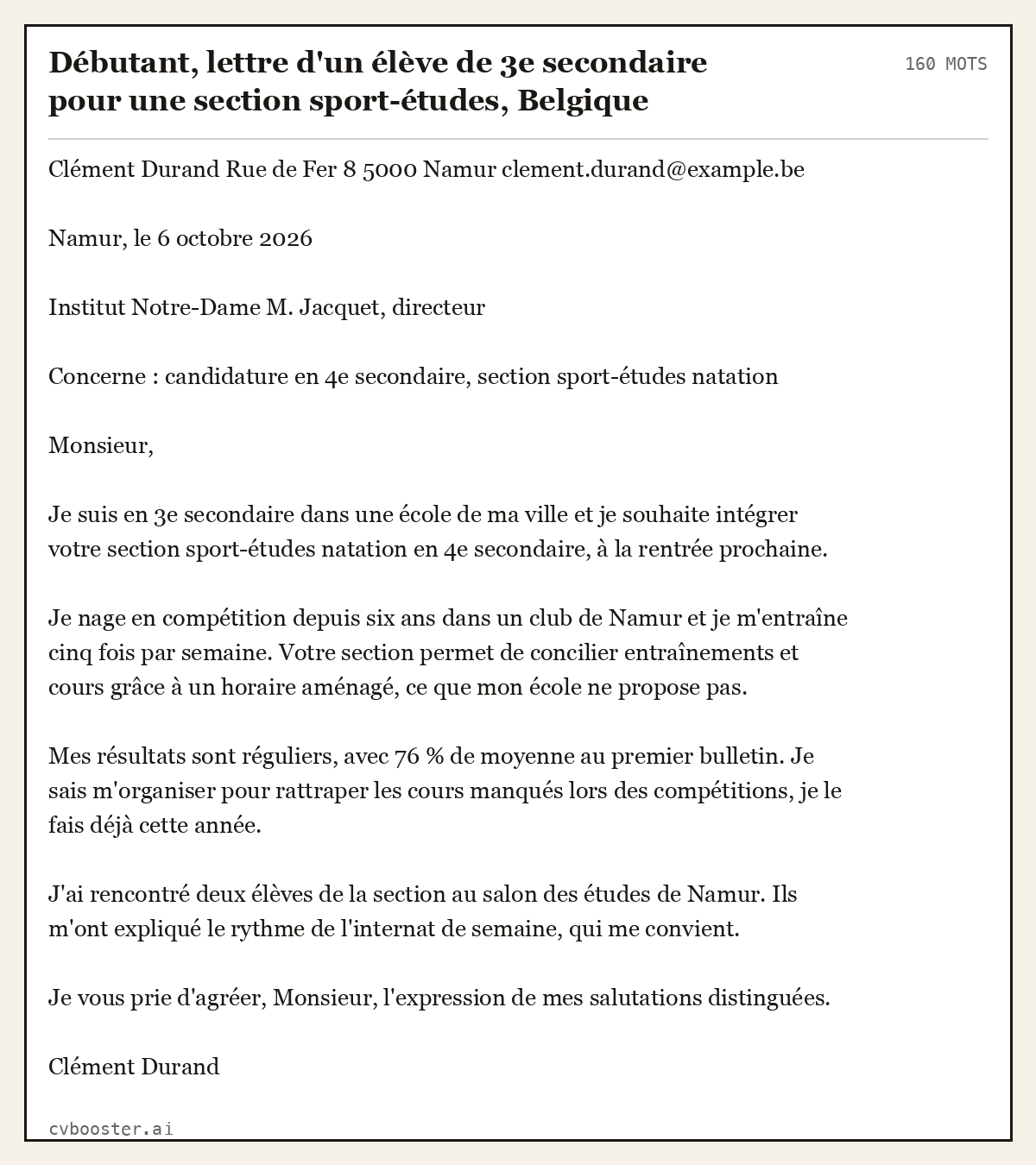 Exemple complet: Débutant, lettre d'un élève de 3e secondaire pour une section sport-études, Belgique, 160 mots
