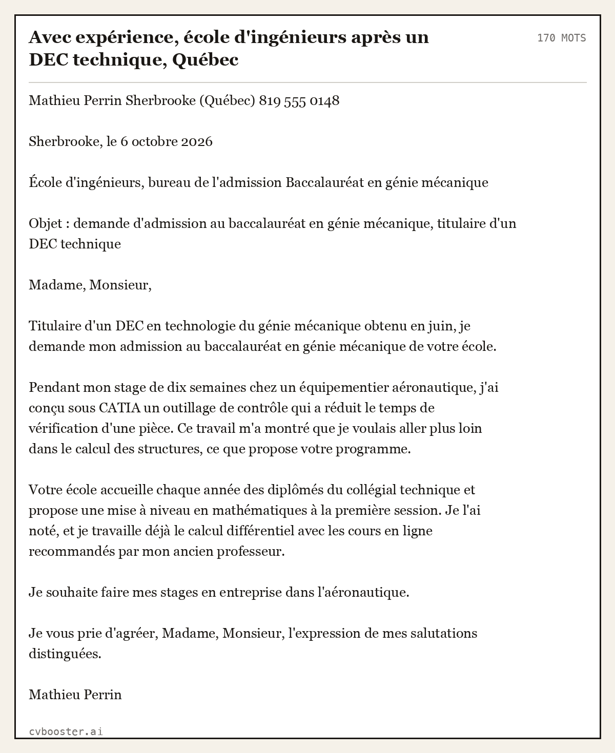 Exemple complet: Avec expérience, école d'ingénieurs après un DEC technique, Québec, 170 mots