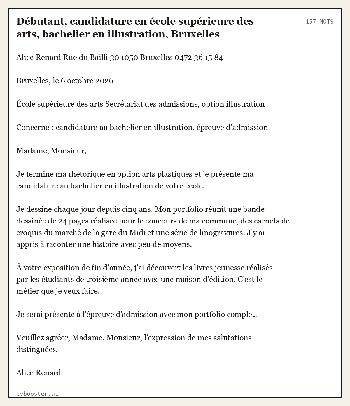 Exemple complet: Débutant, candidature en école supérieure des arts, bachelier en illustration, Bruxelles, 157 mots