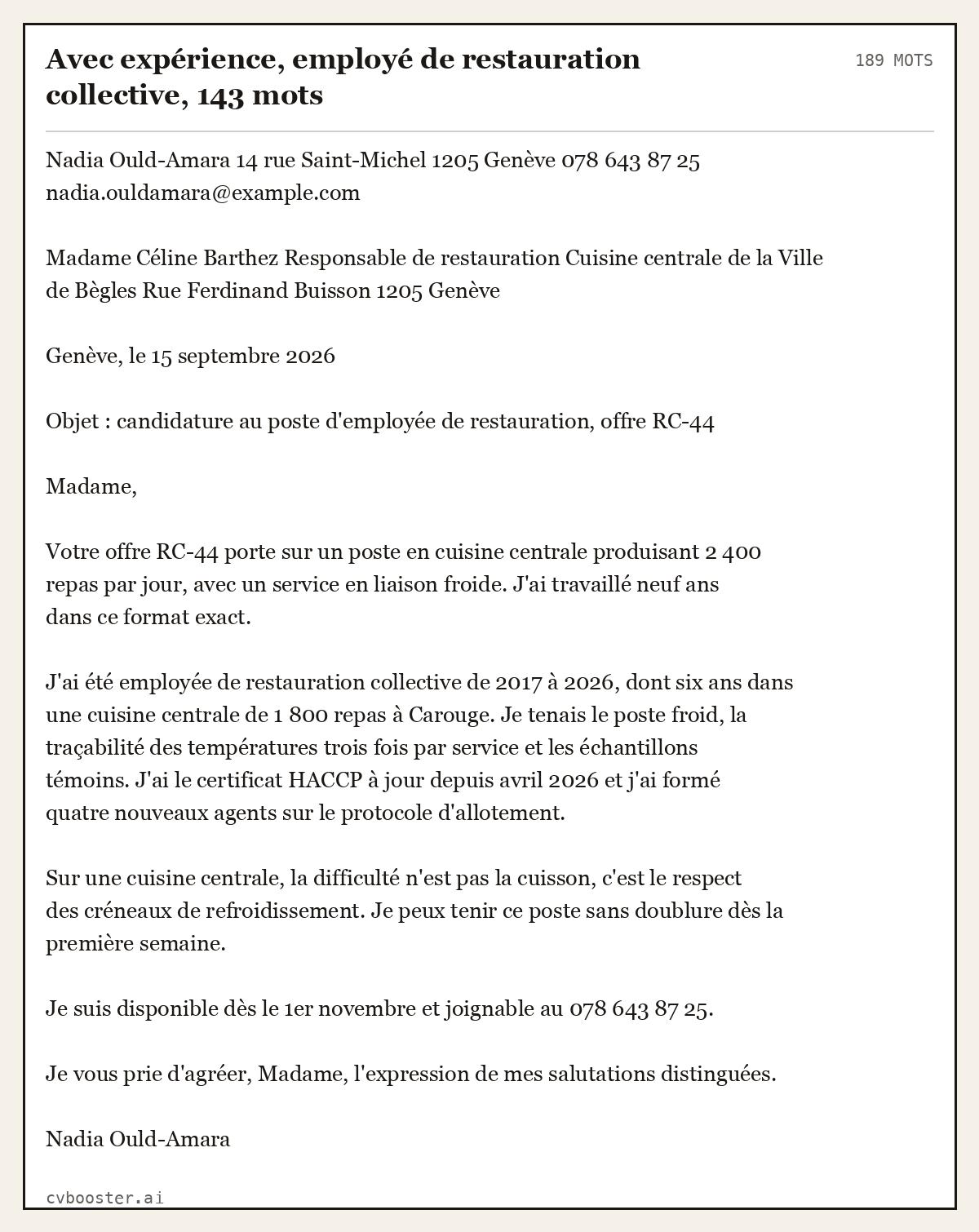 Exemple complet: Avec expérience, employé de restauration collective, 189 mots