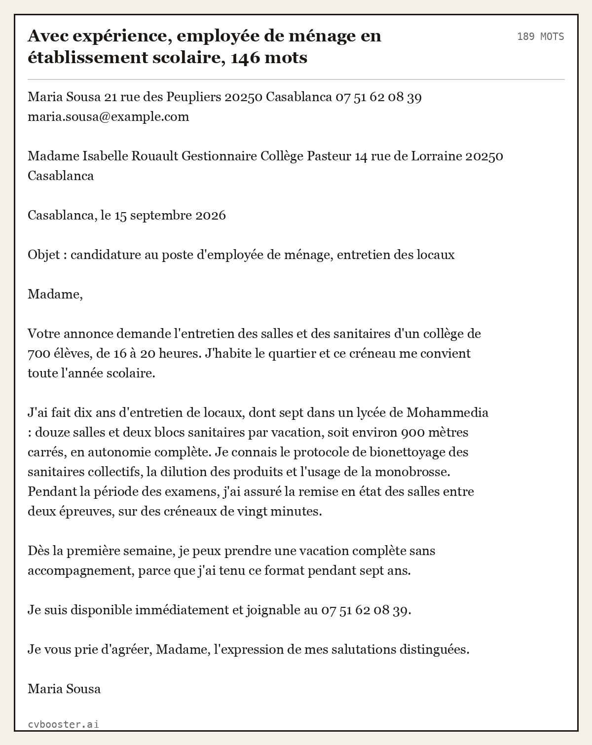 Exemple complet: Avec expérience, employée de ménage en établissement scolaire, 189 mots