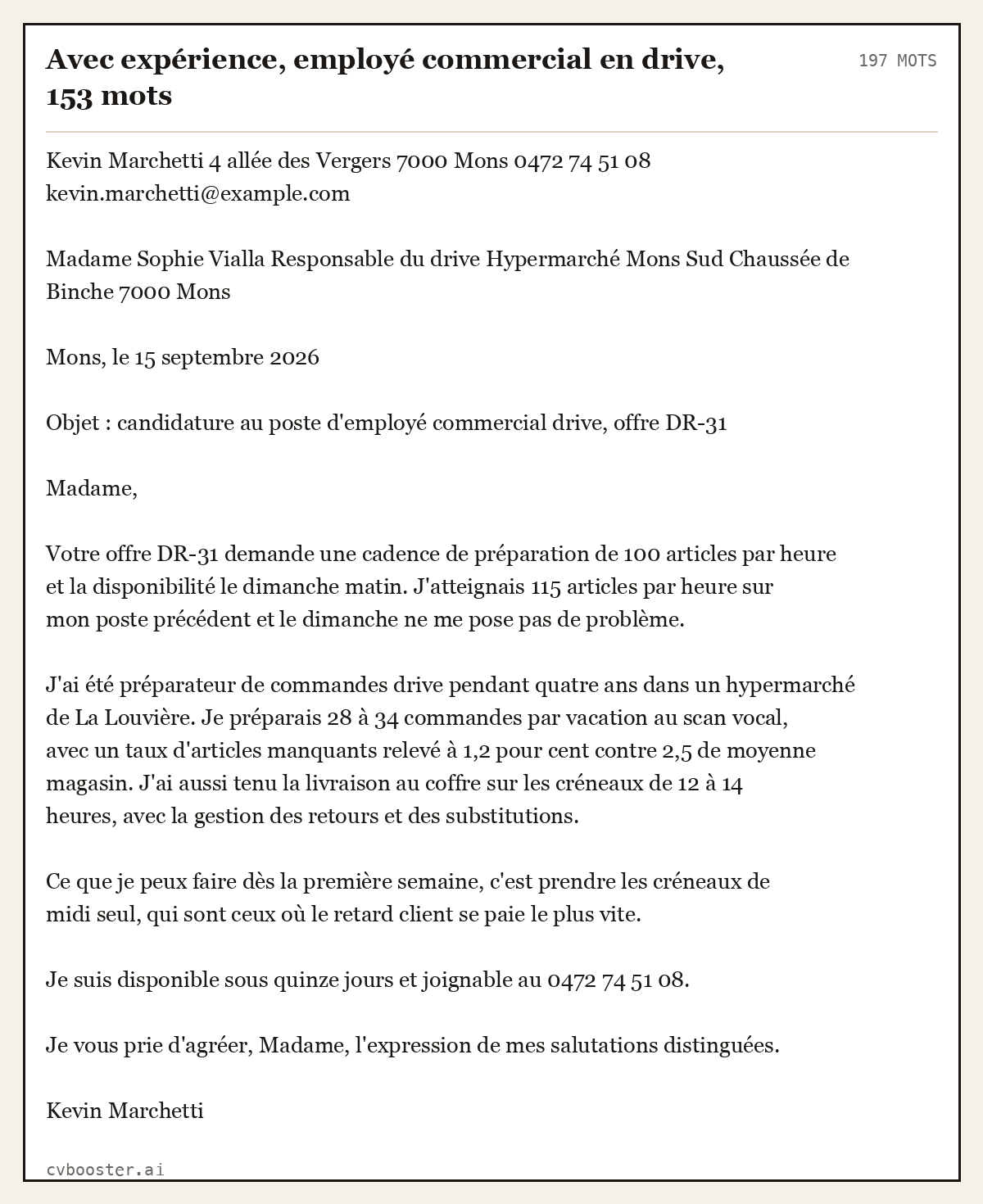 Exemple complet: Avec expérience, employé commercial en drive, 197 mots