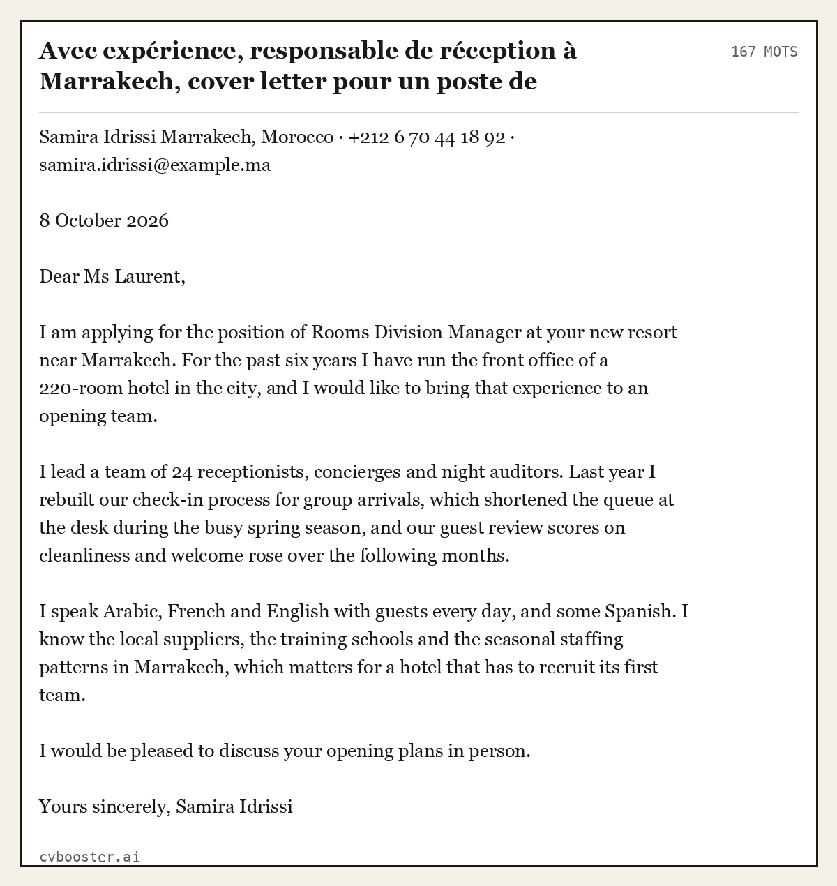 Exemple complet: Avec expérience, responsable de réception à Marrakech, cover letter pour un poste de directrice d'hébergement, 167 mots