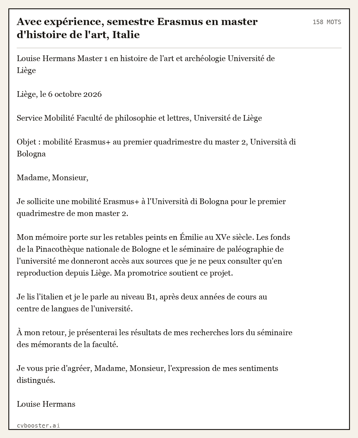 Exemple complet: Avec expérience, semestre Erasmus en master d'histoire de l'art, Italie, 158 mots