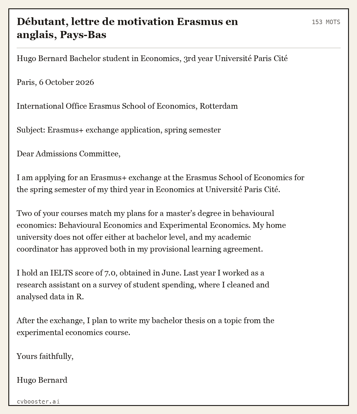 Exemple complet: Débutant, lettre de motivation Erasmus en anglais, Pays-Bas, 153 mots