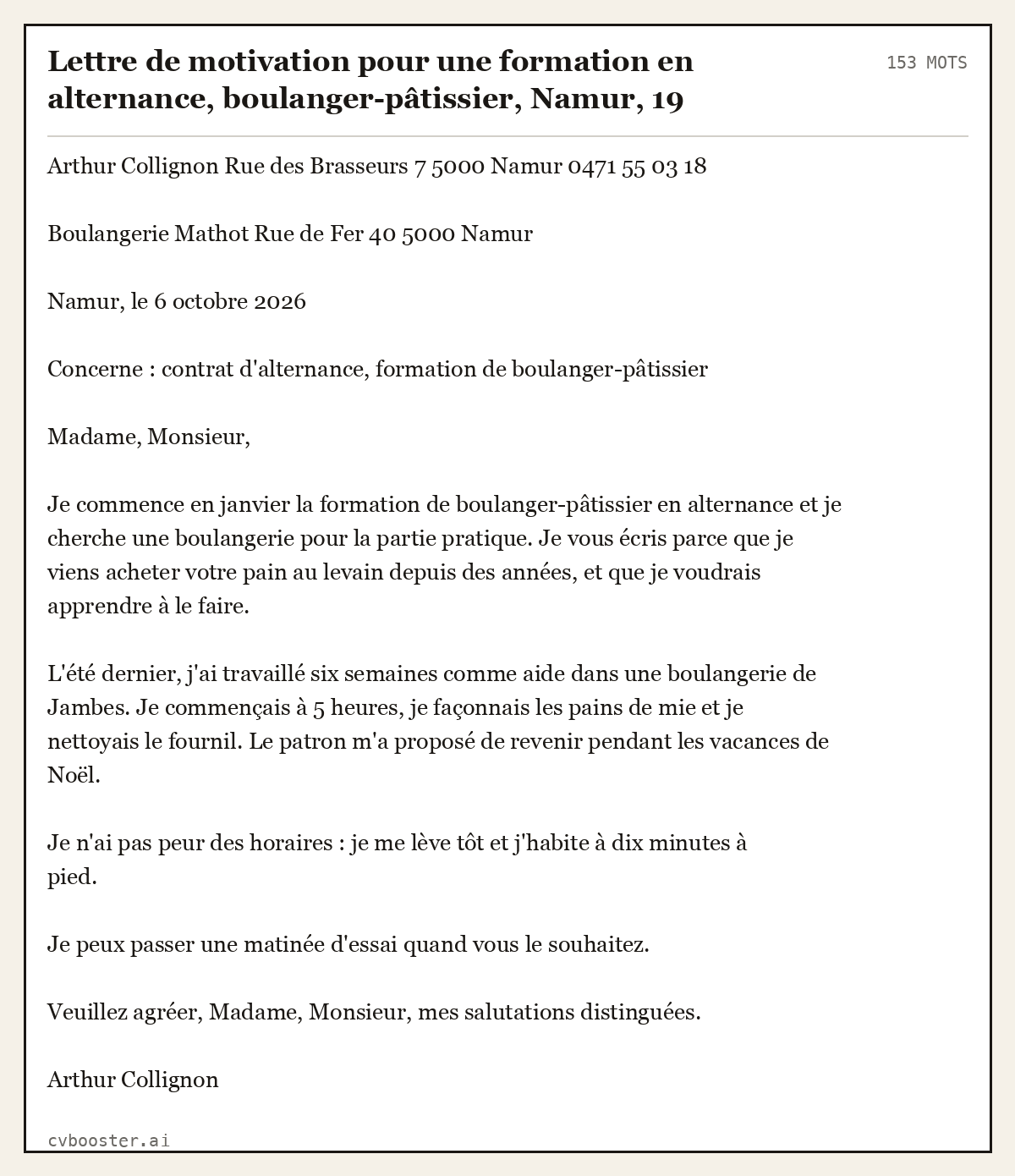 Exemple complet: Lettre de motivation pour une formation en alternance, boulanger-pâtissier, Namur, 19 ans, 153 mots