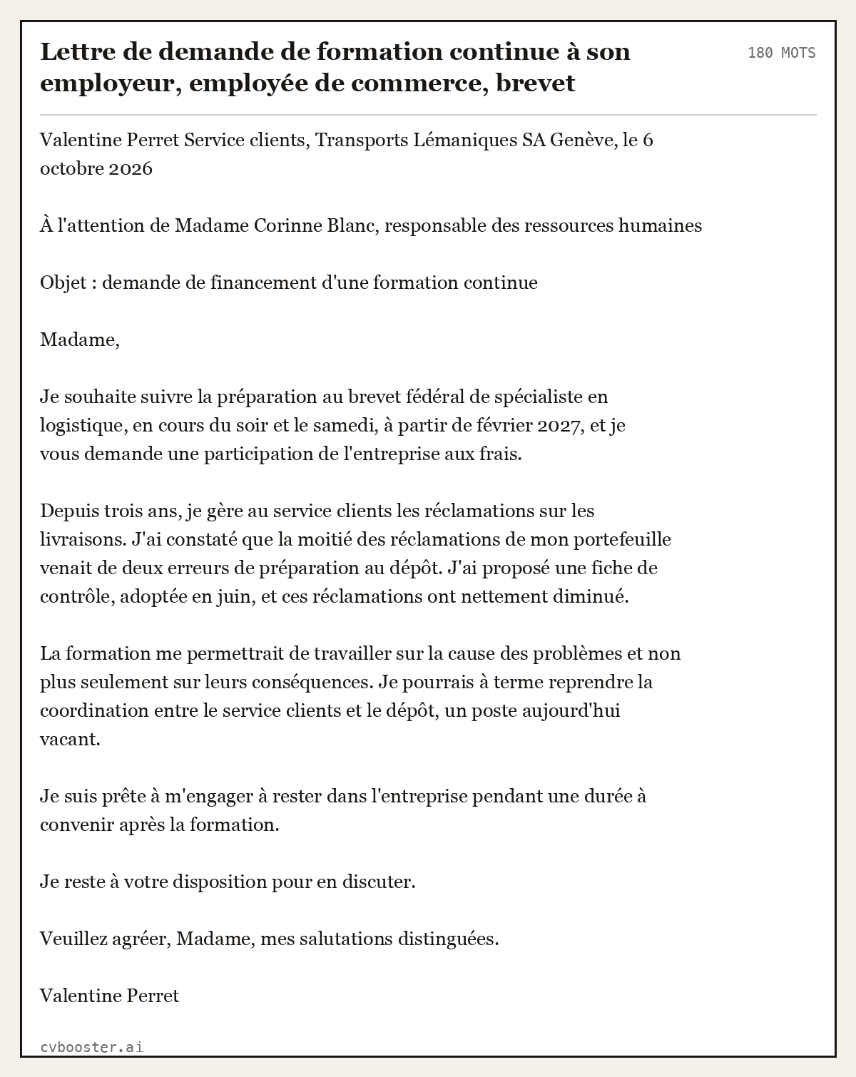 Exemple complet: Lettre de demande de formation continue à son employeur, employée de commerce, brevet fédéral, Genève, 180 mots