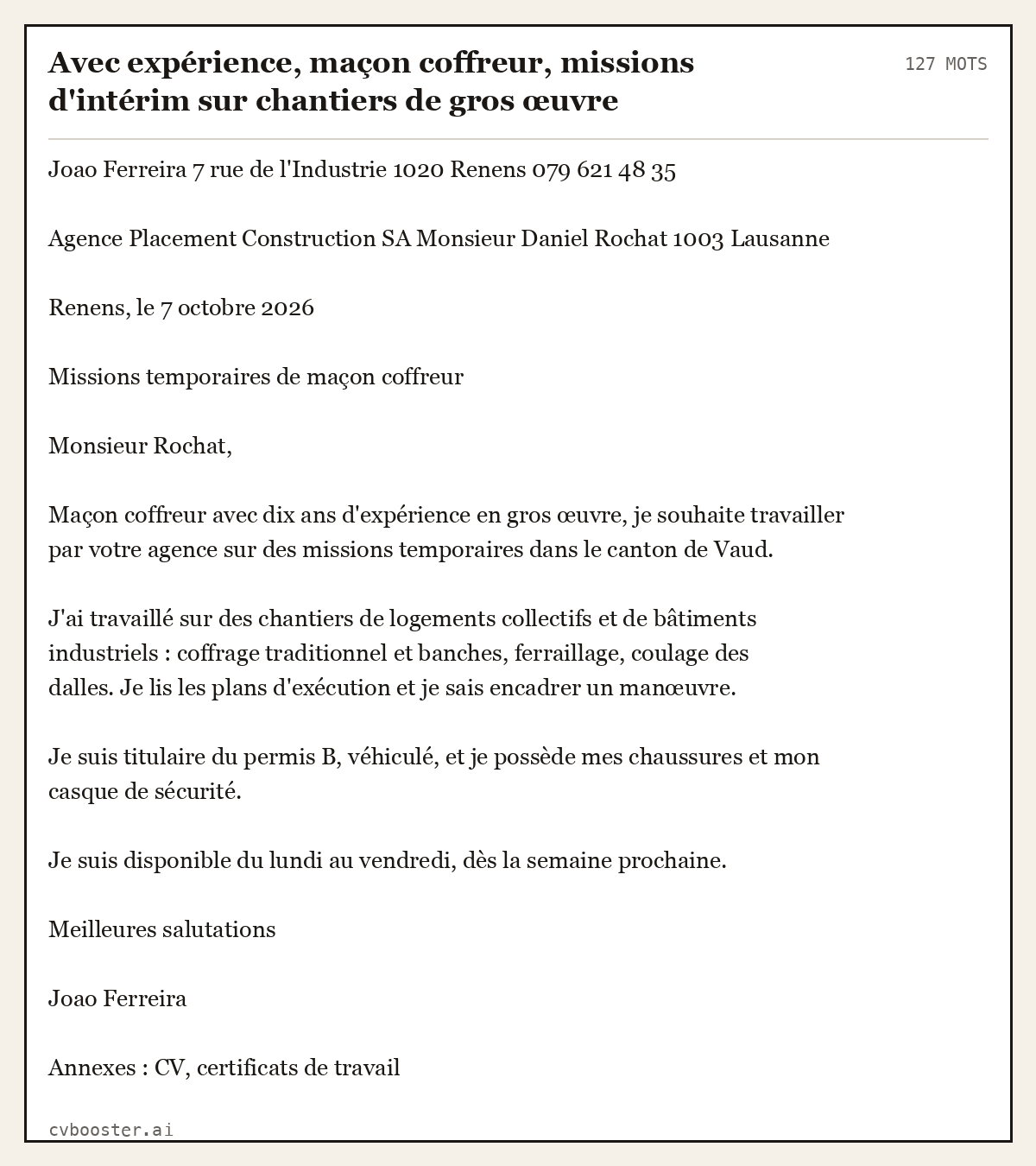 Exemple complet: Avec expérience, maçon coffreur, missions d'intérim sur chantiers de gros œuvre, 127 mots