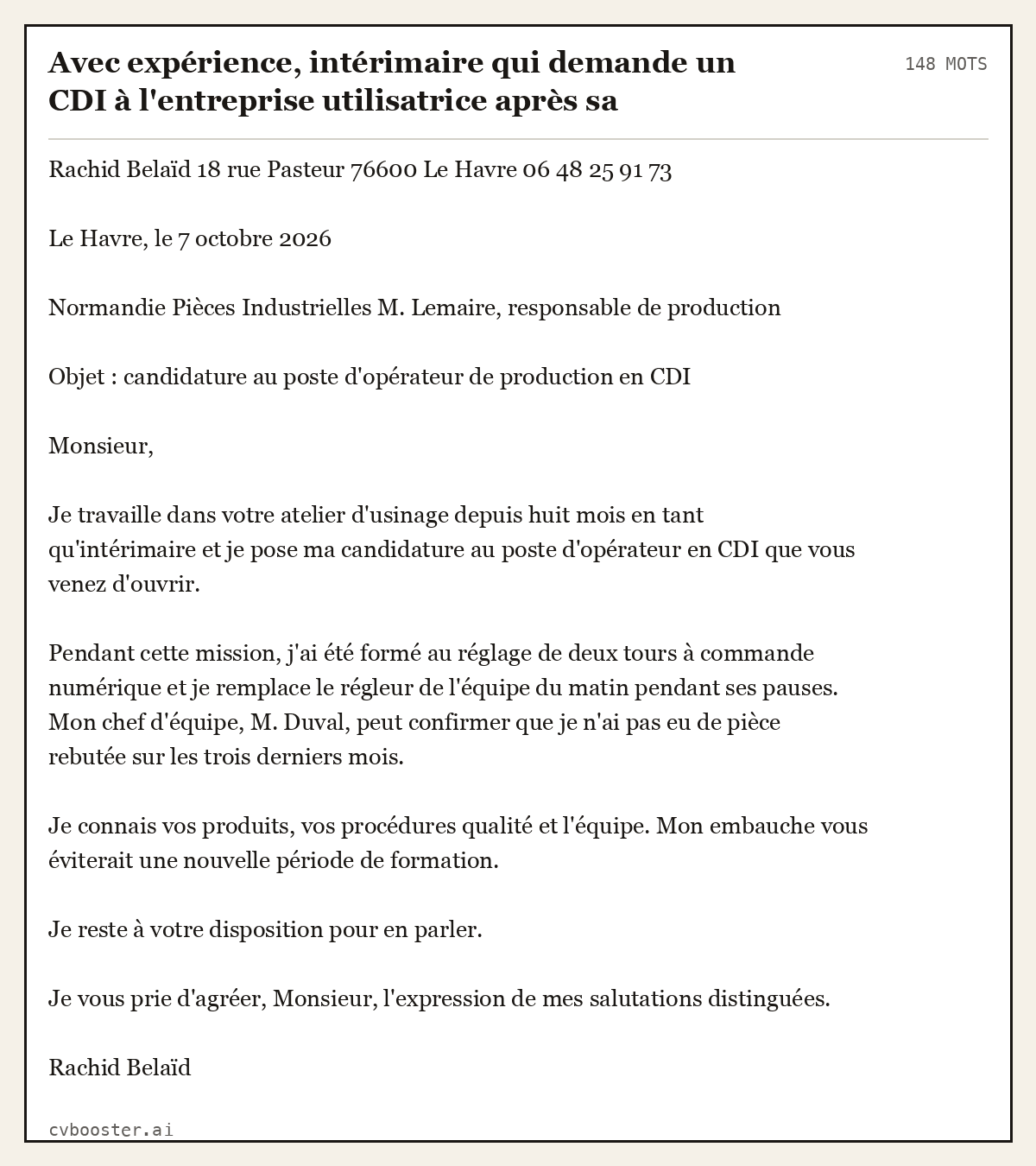 Exemple complet: Avec expérience, intérimaire qui demande un CDI à l'entreprise utilisatrice après sa mission, 148 mots