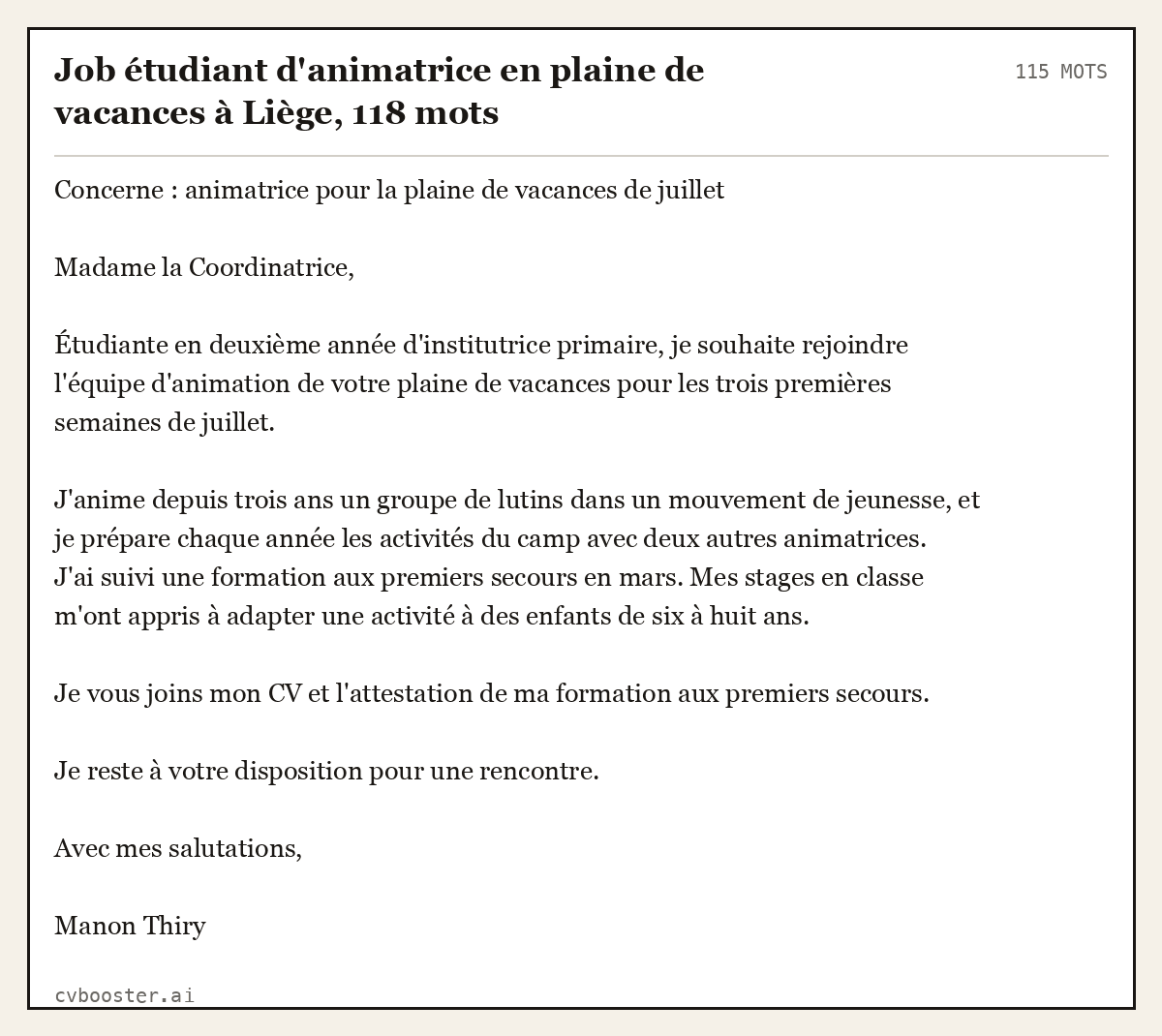 Exemple complet: Job étudiant d'animatrice en plaine de vacances à Liège, 115 mots